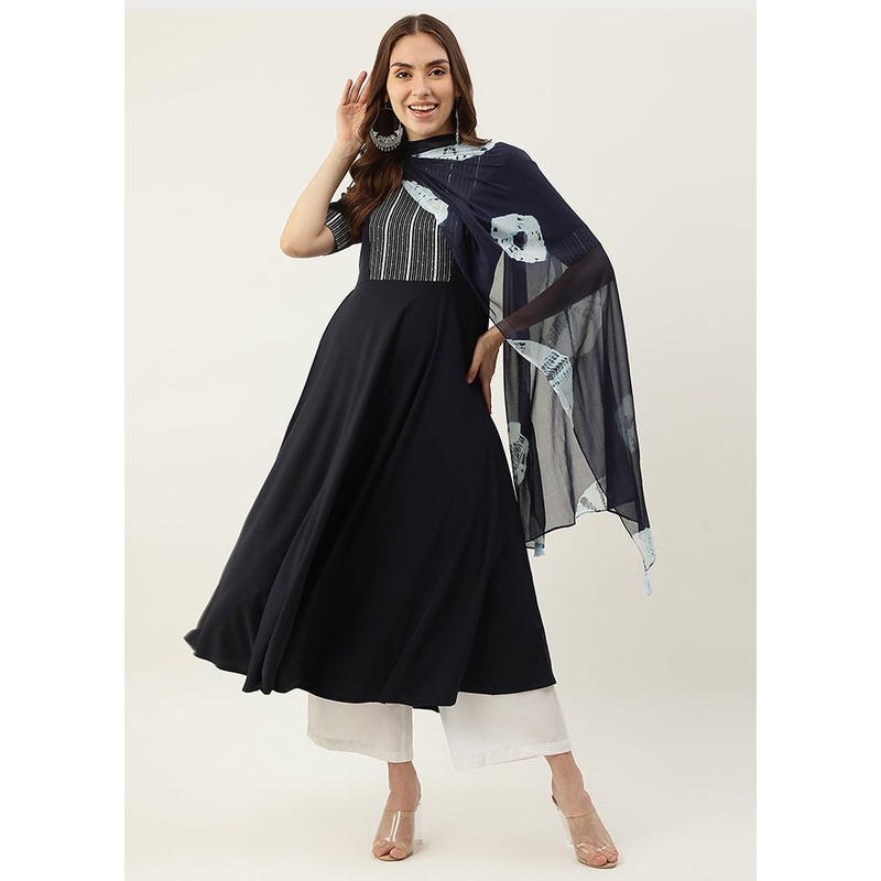 2 Pc Blue Readymade Silk Kurti Set - JD986585148