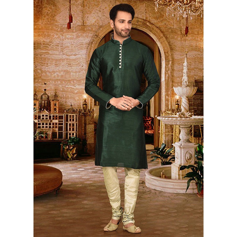 2 Pc Green Silk Kurta And Pajama Set - JD986585104