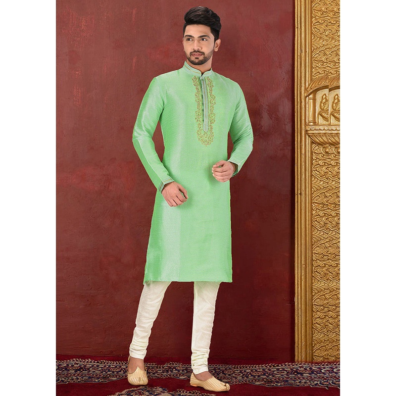 2 Pc Green Silk Kurta And Pajama Set - JD986585113
