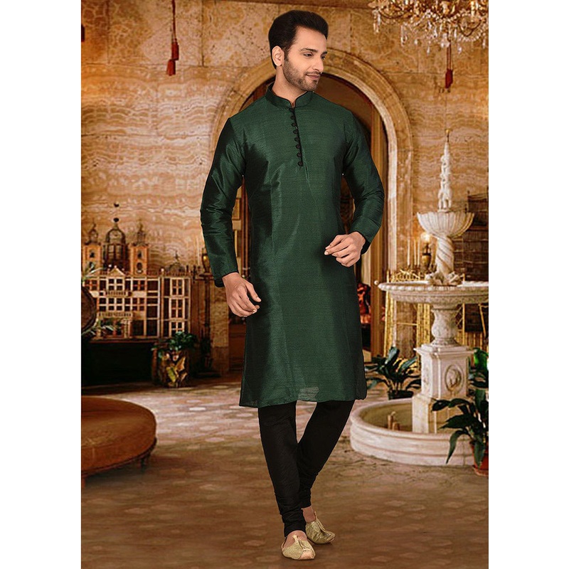 2 Pc Green Silk Kurta And Pajama Set - JD986585129