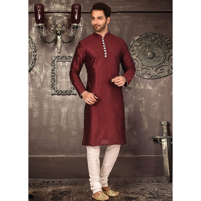 2 Pc Maroon Silk Kurta And Pajama Set - JD986585103