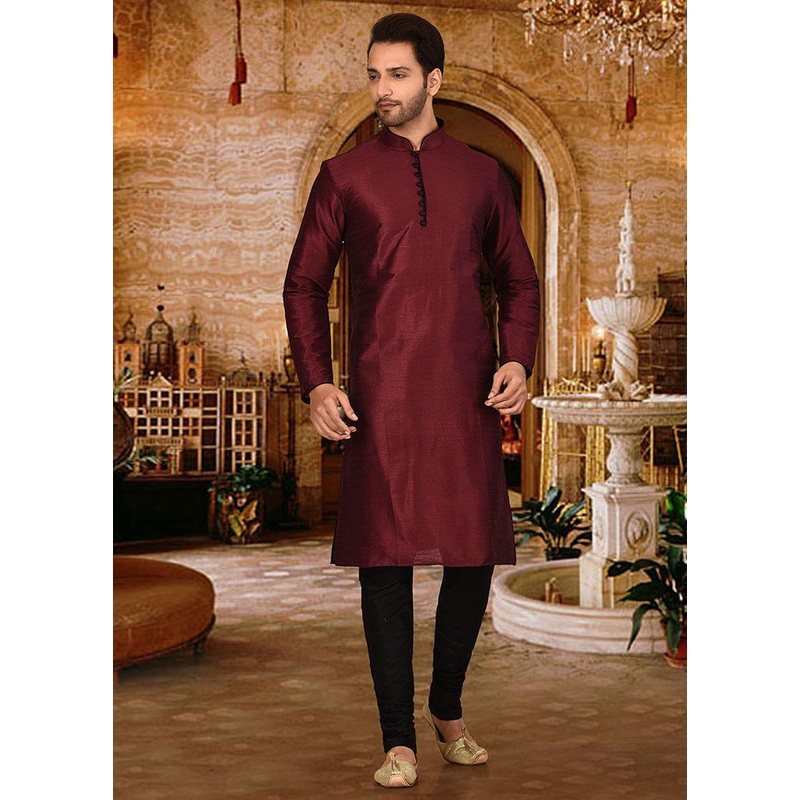 2 Pc Maroon Silk Kurta And Pajama Set - JD986585110