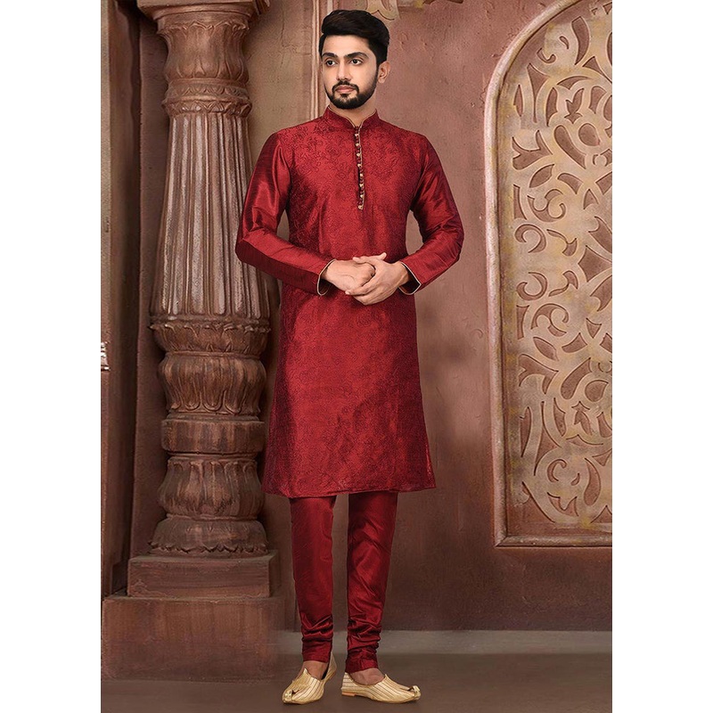 2 Pc Maroon Silk Kurta And Pajama Set - JD986585125