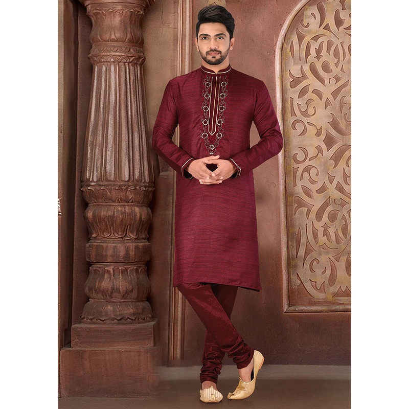 2 Pc Mehendi Silk Kurta And Pajama Set - JD986585117