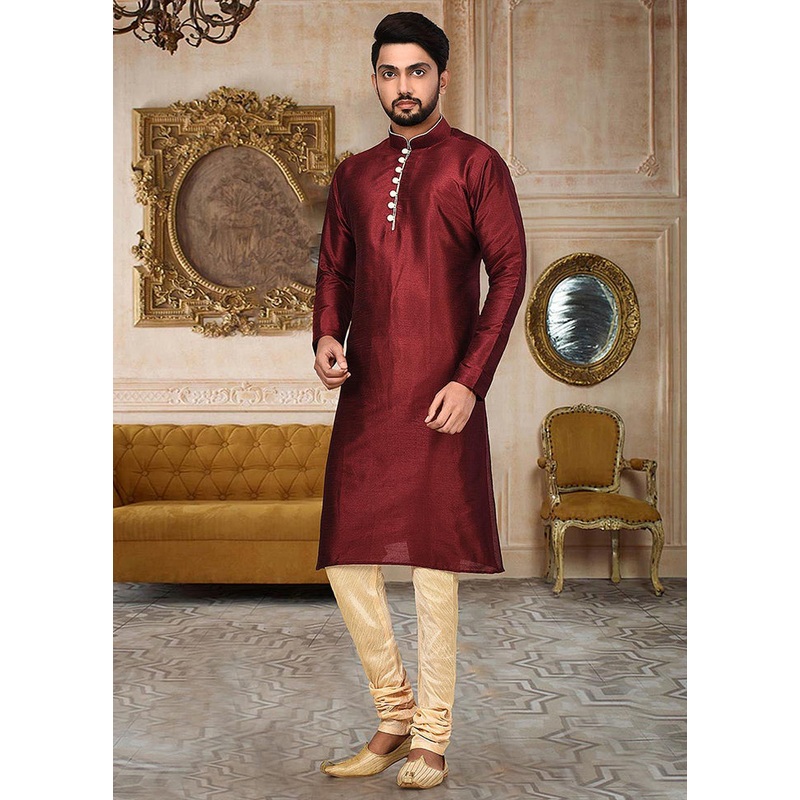 2 Pc Mustard Silk Kurta And Pajama Set - JD986585101