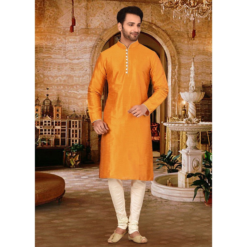 2 Pc Mustard Silk Kurta And Pajama Set - JD986585109