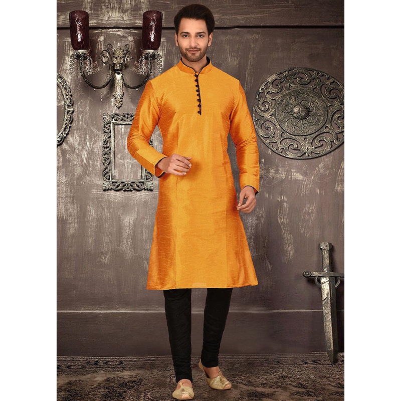 2 Pc Mustard Silk Kurta And Pajama Set - JD986585111