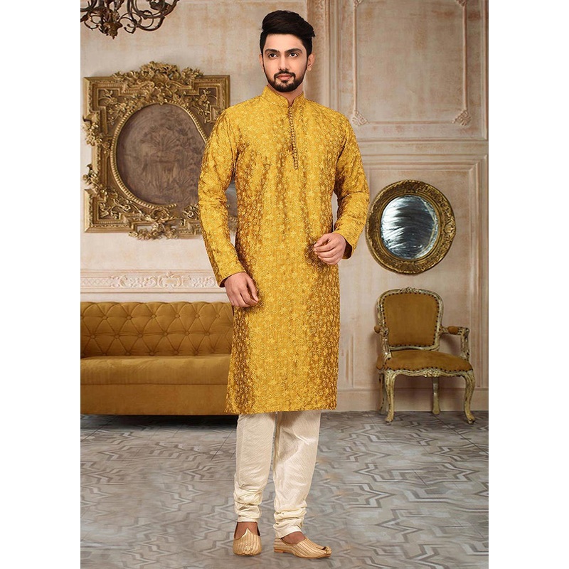 2 Pc Mustard Silk Kurta And Pajama Set - JD986585121