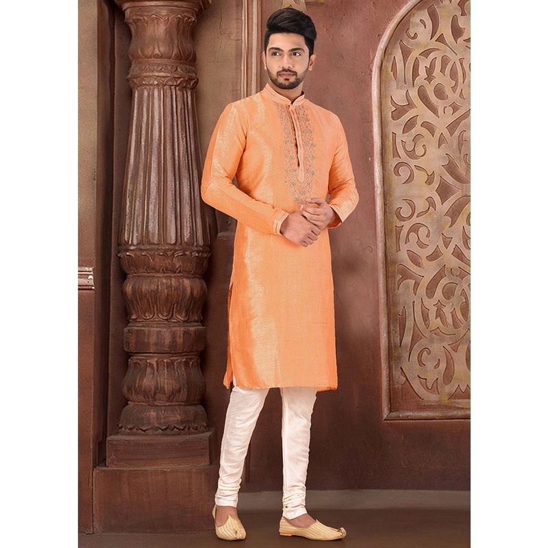 2 Pc Peach Silk Kurta And Pajama Set - JD986585118