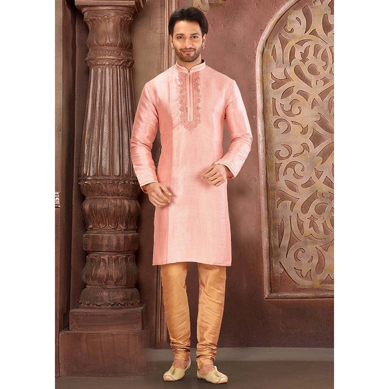 2 Pc Peach Silk Kurta And Pajama Set - JD986585120