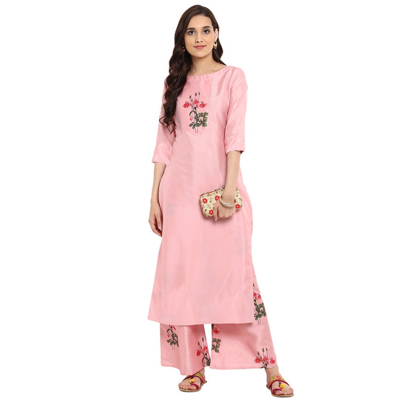 2 Pc Pink Readymade Silk Kurti Set - JD986585219