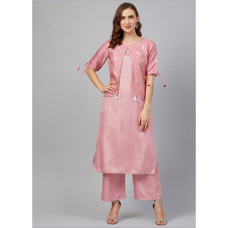 2 Pc Pink Readymade Silk Kurti Set - JD986585220