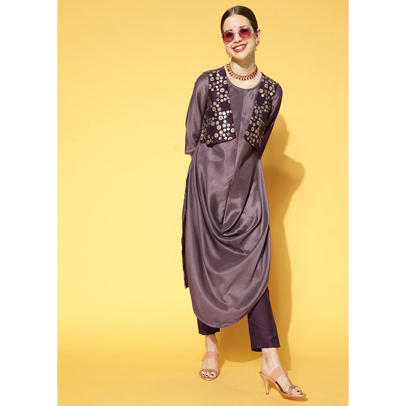 2 Pc Purple Printed Kurti Set With Pant - JD986585214
