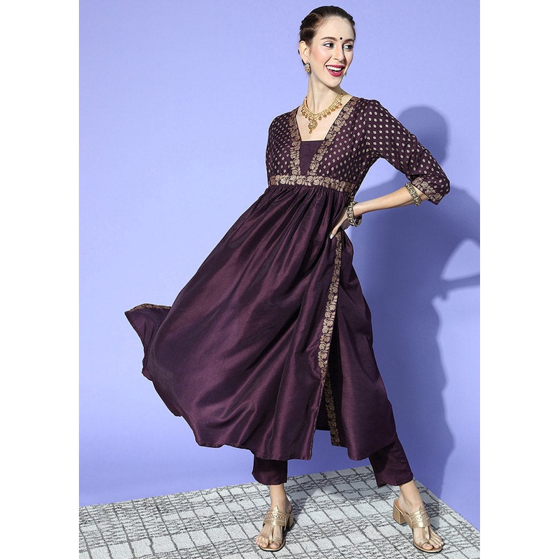2 Pc Purple Printed Kurti Set With Pant - JD986585215