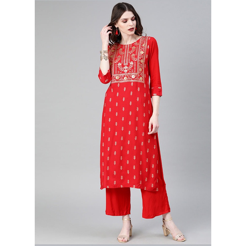 2 Pc Red Readymade Rayon Kurti Set - JD986585221