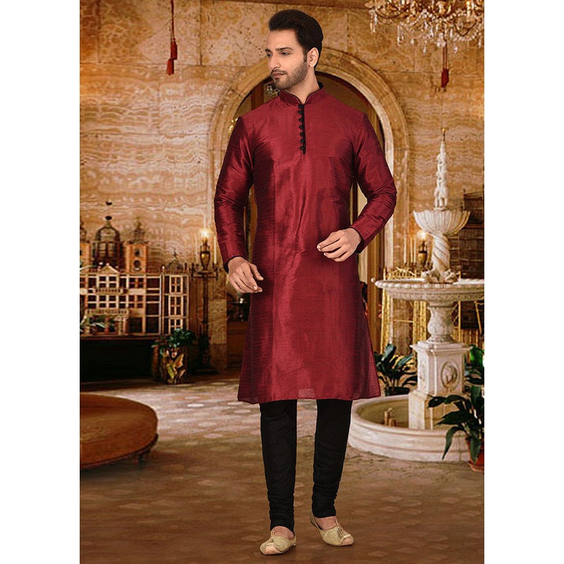2 Pc Red Silk Kurta And Pajama Set - JD986585112