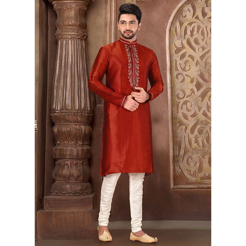 2 Pc Red Silk Kurta And Pajama Set - JD986585115