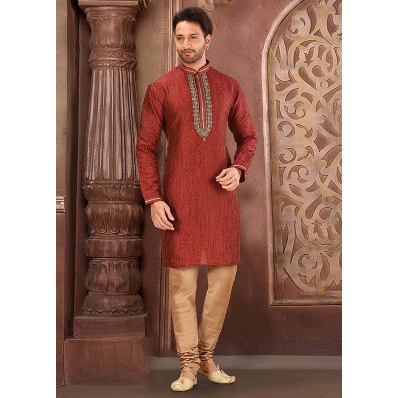 2 Pc Red Silk Kurta And Pajama Set - JD986585124