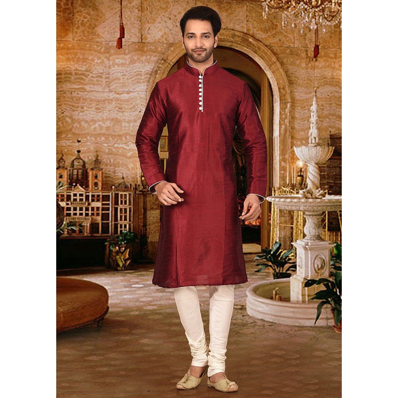 2 Pc Red Silk Kurta And Pajama Set - JD986585126