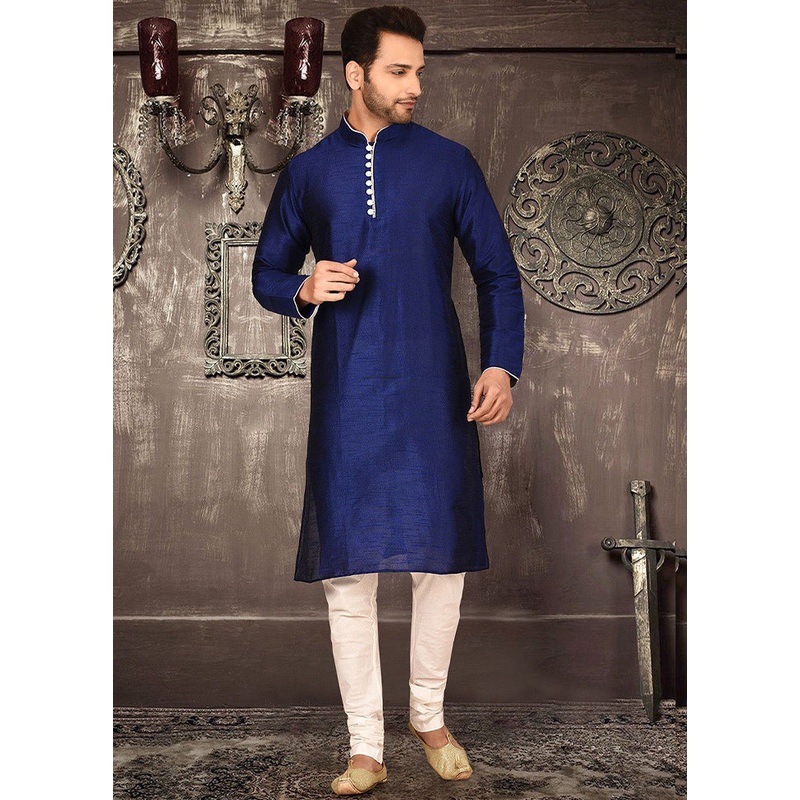 2 Pc Royal Blue Silk Kurta And Pajama Set - JD986585105