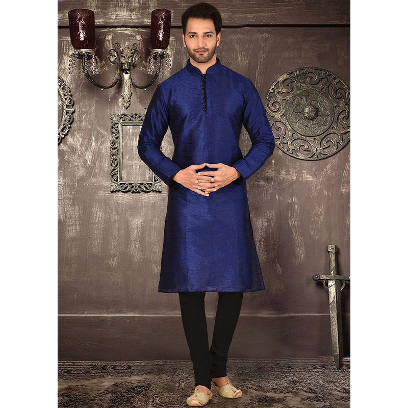 2 Pc Royal Blue Silk Kurta And Pajama Set - JD986585128