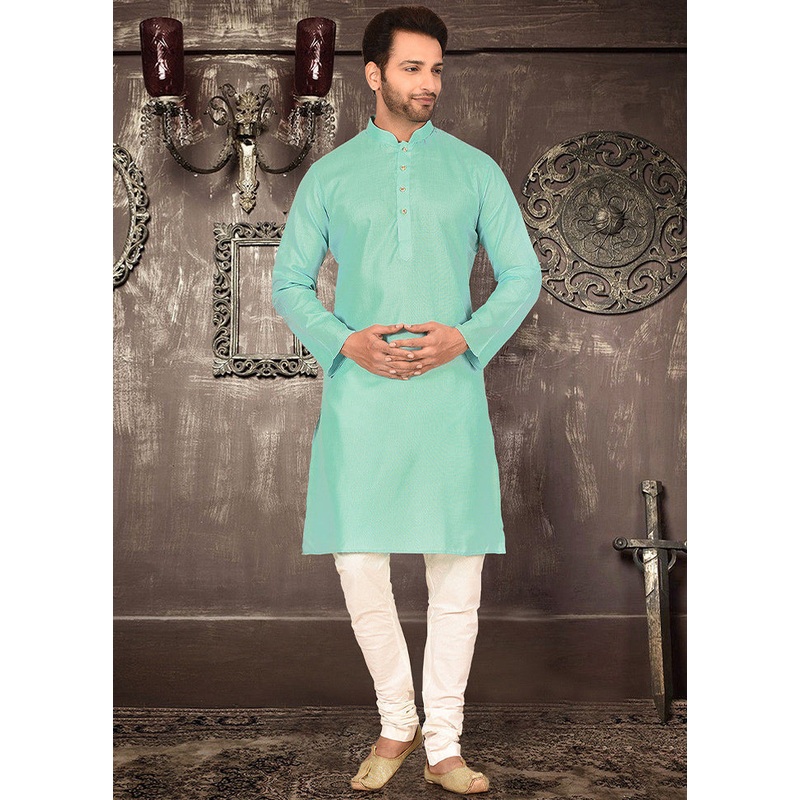 2 Pc Sea Green Cotton Kurta And Pajama Set - JD986585100