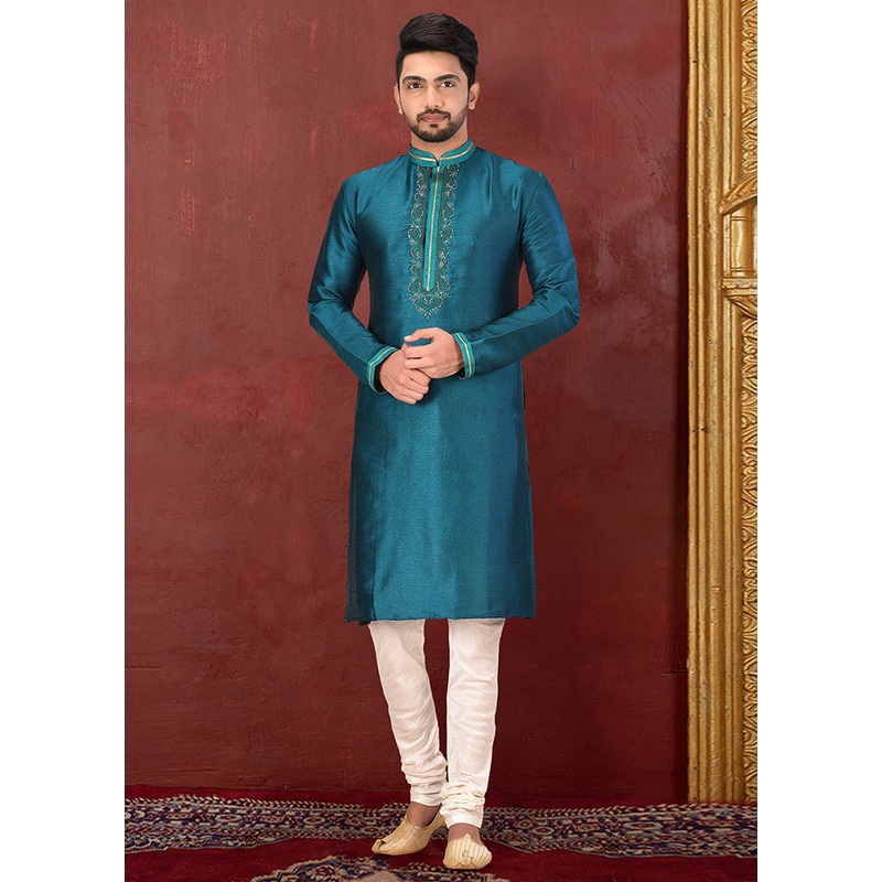 2 Pc Teal Green Silk Kurta And Pajama Set - JD986585119