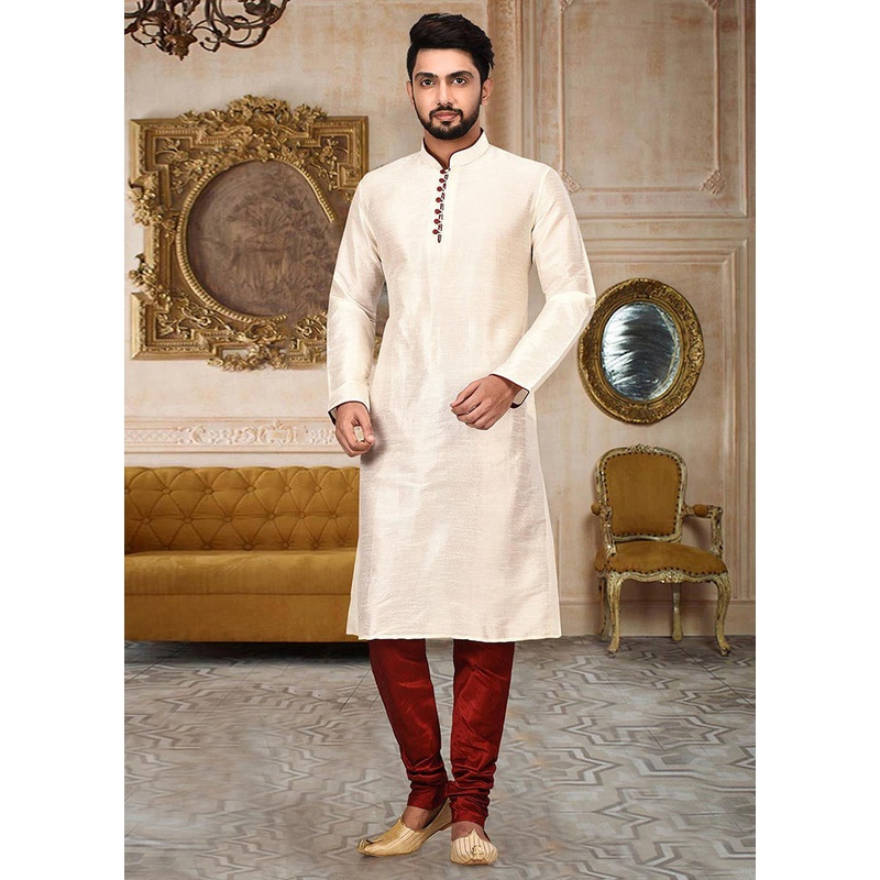 2 Pc White Silk Kurta And Pajama Set - JD986585102