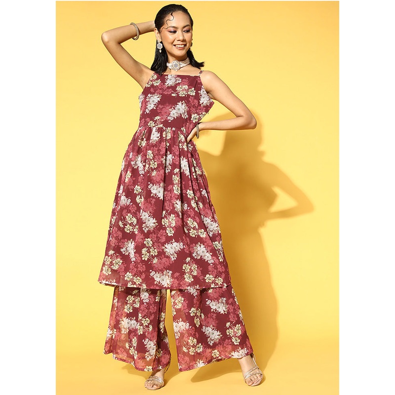 2 Pc Wine Georgette Flared Kurti Set - JD986585223