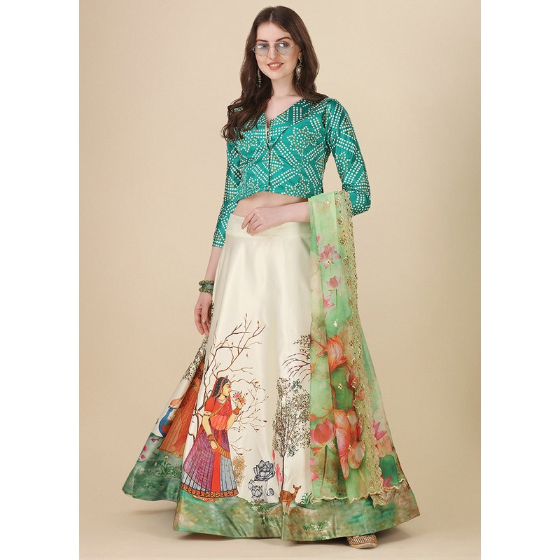 3 Pc Green Silk Semi Stitched Lehenga Set - JD986585053