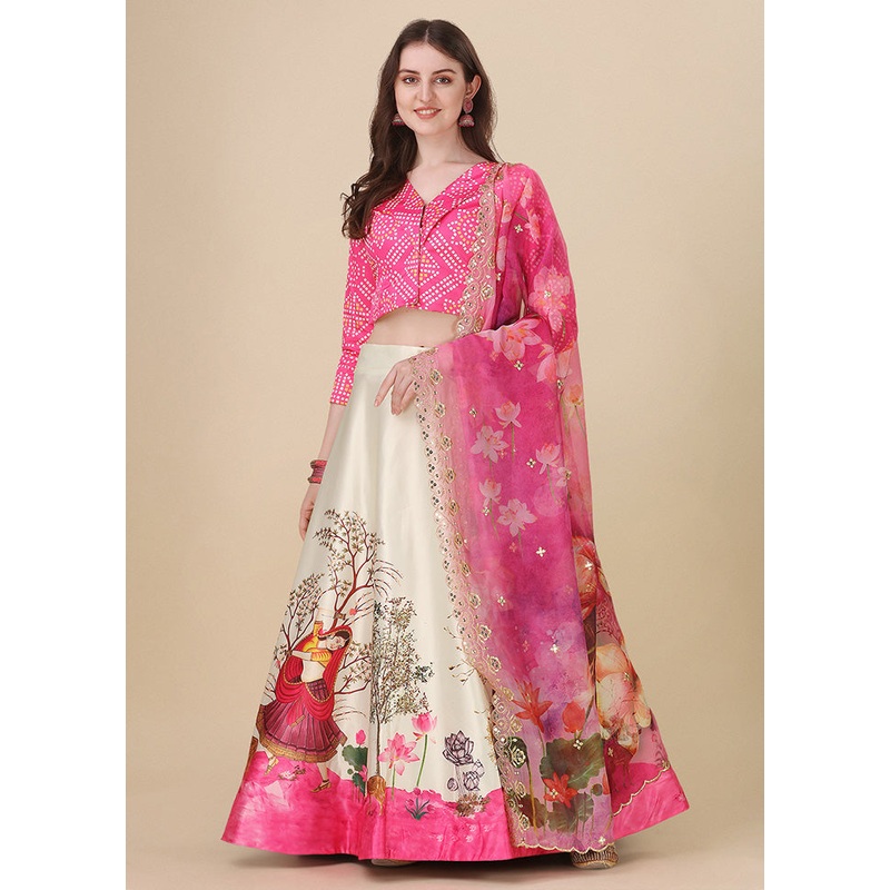 3 Pc Pink Silk Semi Stitched Lehenga Set - JD986585052