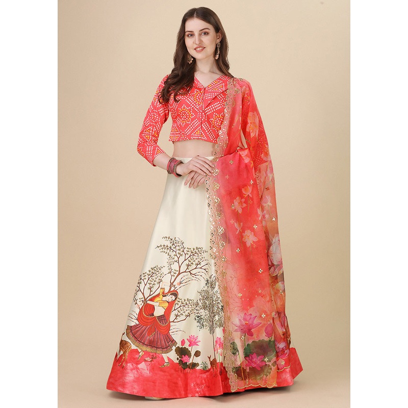3 Pc Red Silk Semi Stitched Lehenga Set - JD986585051