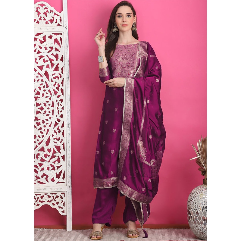 3 Pc Wine Unstitched Silk Suit Set - JD986585099
