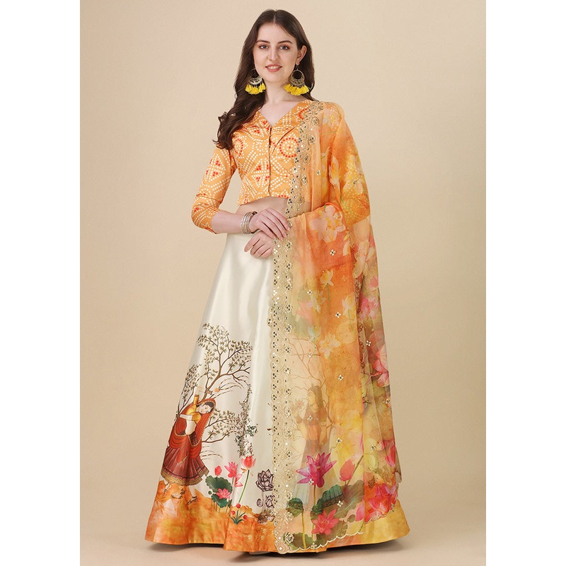 3 Pc Yellow Silk Semi Stitched Lehenga Set - JD986585050