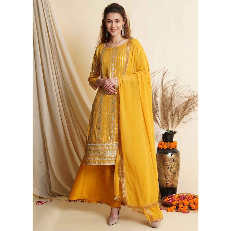 3 Pc Yellow Unstitched Georgette Suit Set - JD986585098