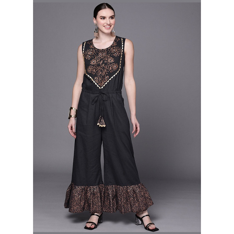 Black Cotton Printed Jumpsuit - JD986585200