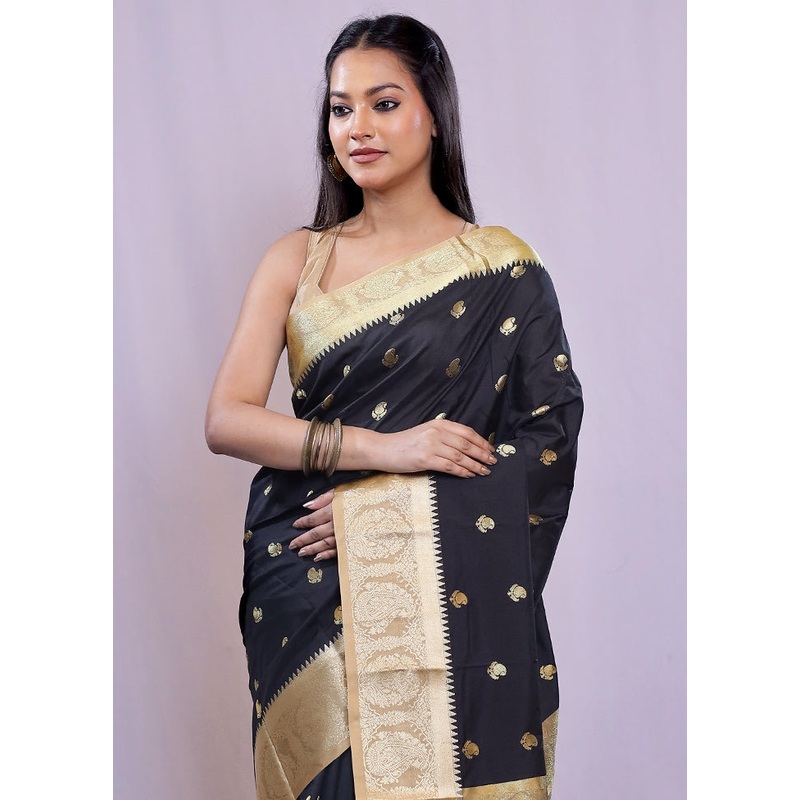 Black Kanjivaram Silk Saree With Blouse Piece - JD986585160