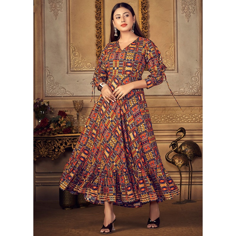 Blue Readymade Rayon Foil Print Long Kurti - JD986585213