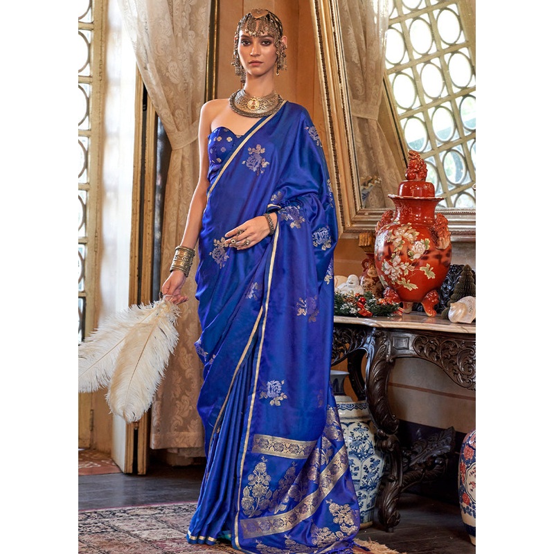 Blue Satin Silk Saree With Blouse Piece - JD986585048