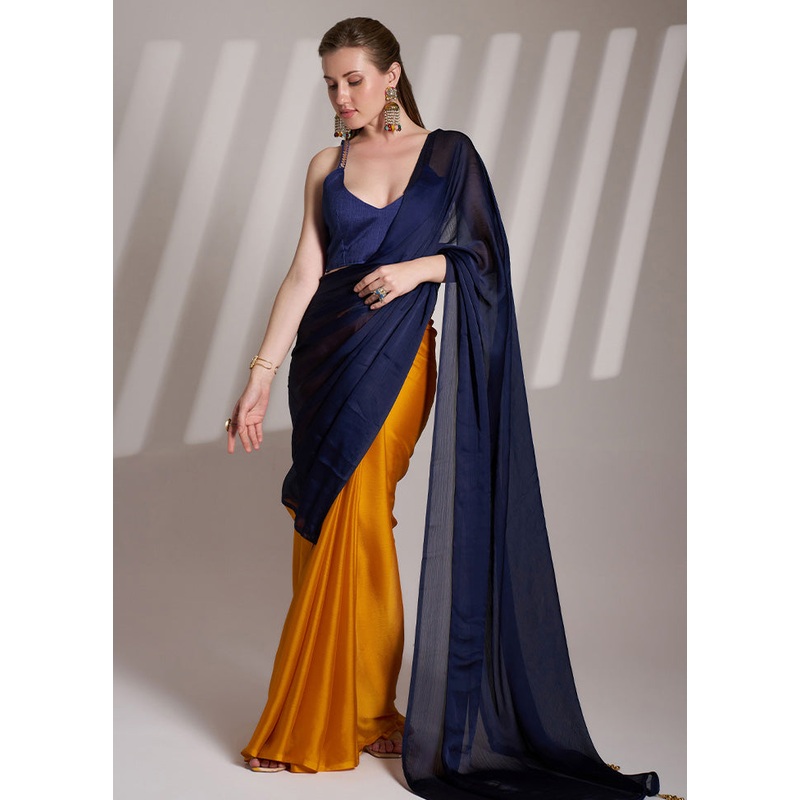 Blue Satin Silk Saree With Blouse Piece - JD986585095