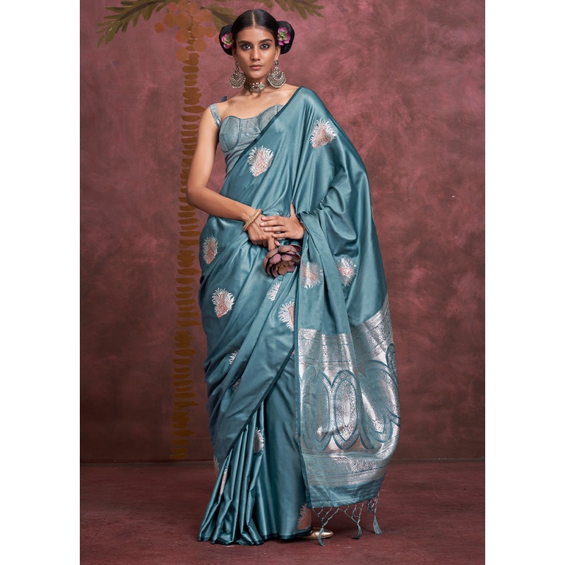 Blue Spun Silk Saree With Blouse Piece - JD986585046