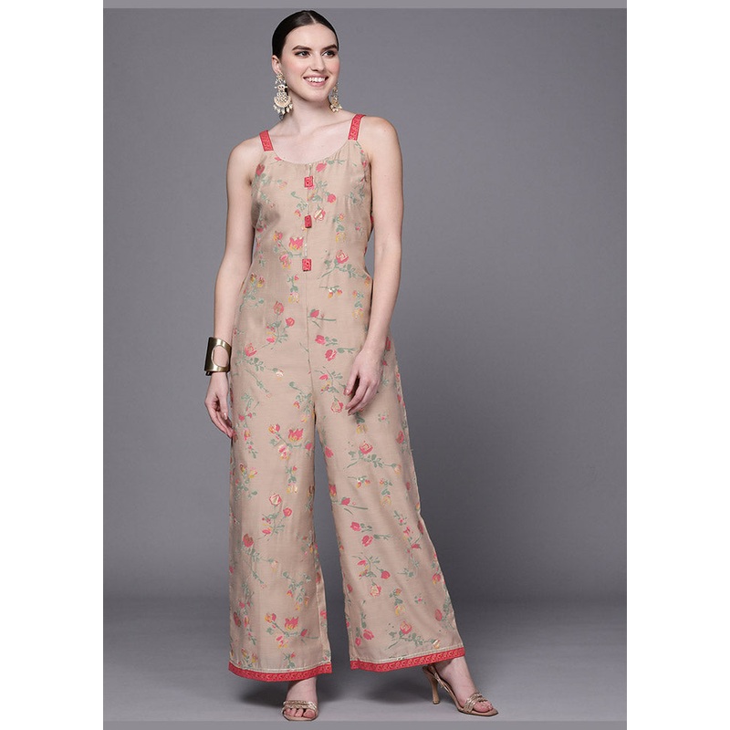 Brown Chanderi Silk Printed Jumpsuit - JD986585201