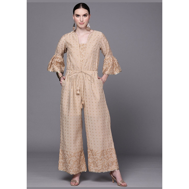 Brown Chanderi Silk Printed Jumpsuit - JD986585204