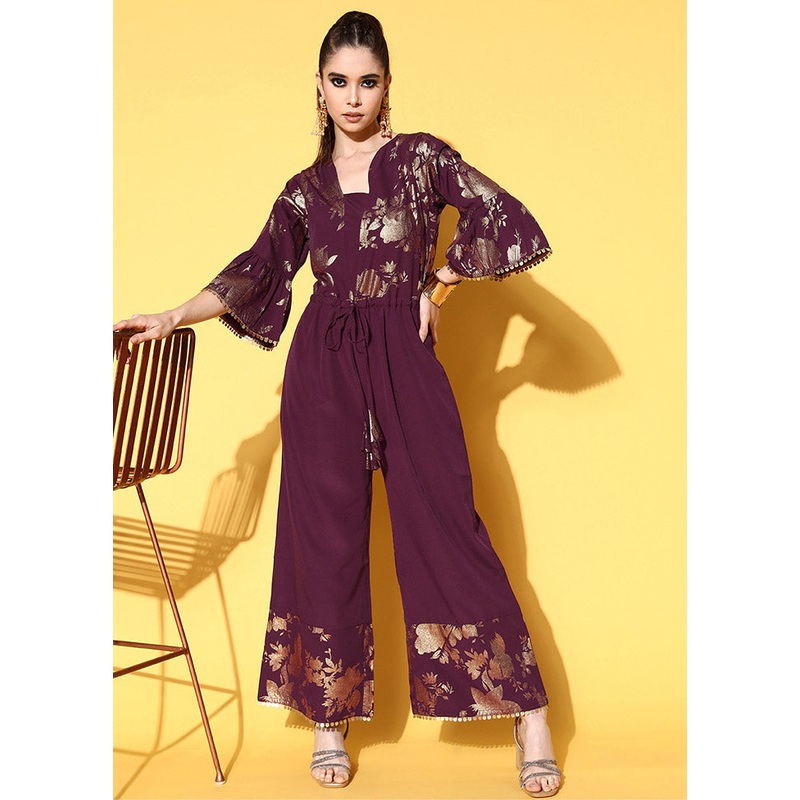 Burgundy Crepe Silk Printed Jumpsuit - JD986585209