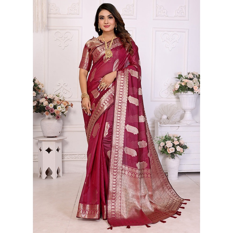 Burgundy Organza Saree With Blouse Piece - JD986585093
