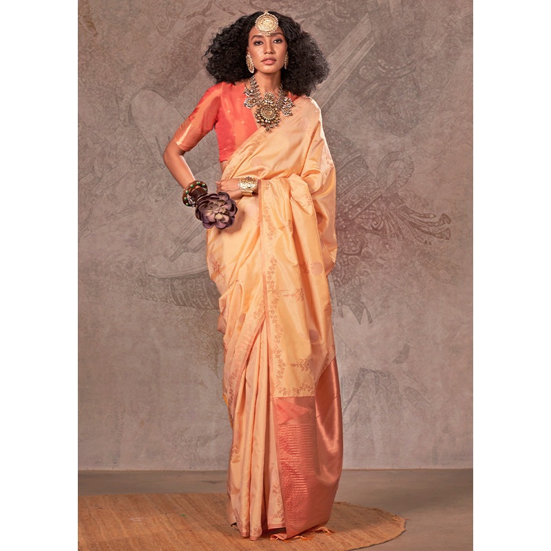 Cream Spun Silk Saree With Blouse Piece - JD986585045