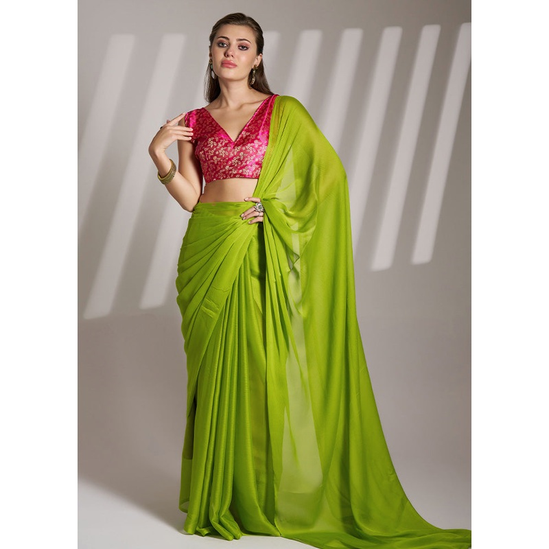 Green Chiffon Silk Saree With Blouse Piece - JD986585090