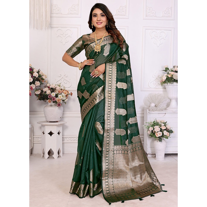 Green Organza Saree With Blouse Piece - JD986585089