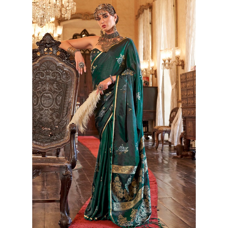 Green Satin Silk Saree With Blouse Piece - JD986585044