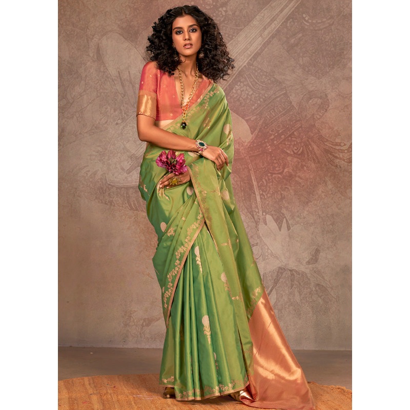 Green Spun Silk Saree With Blouse Piece - JD986585041